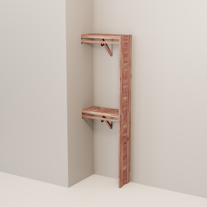 Organized closet featuring a double hanging kit with red cedar shelves, hanging rods, and J-hooks.