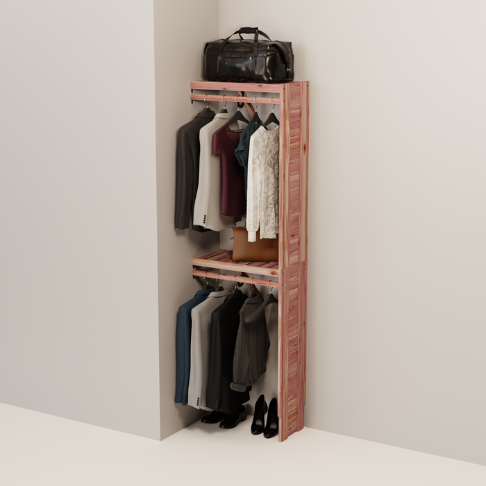Organized closet featuring a double hanging kit with red cedar shelves, hanging rods, and J-hooks.