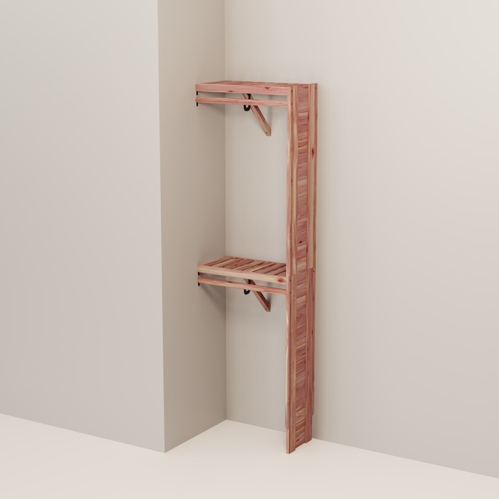 Organized closet featuring a double hanging kit with red cedar shelves, hanging rods, and J-hooks.
