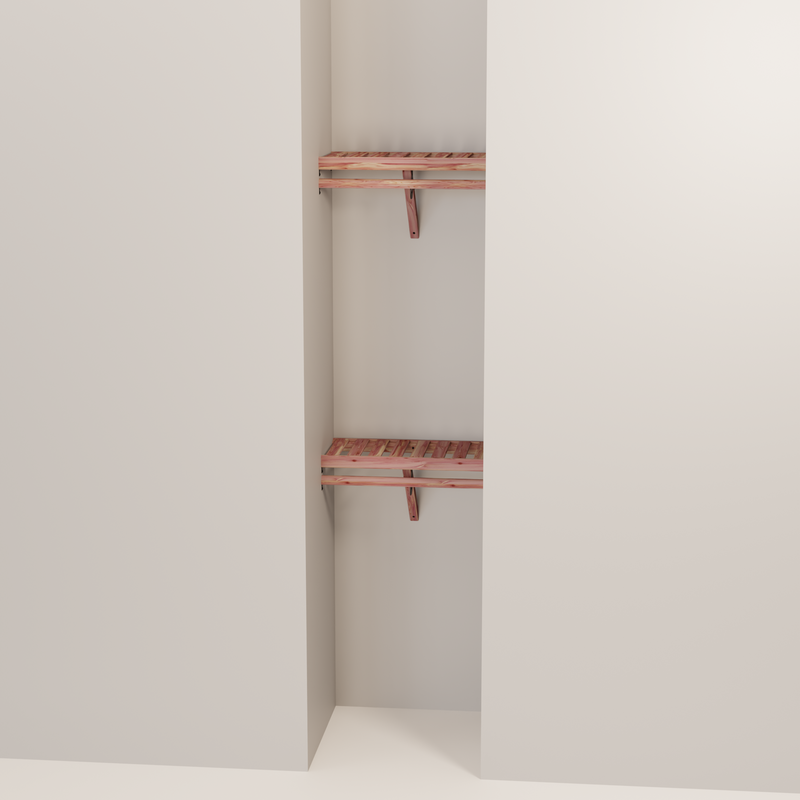 Organized closet featuring a double hanging kit with red cedar shelves, hanging rods, and J-hooks.