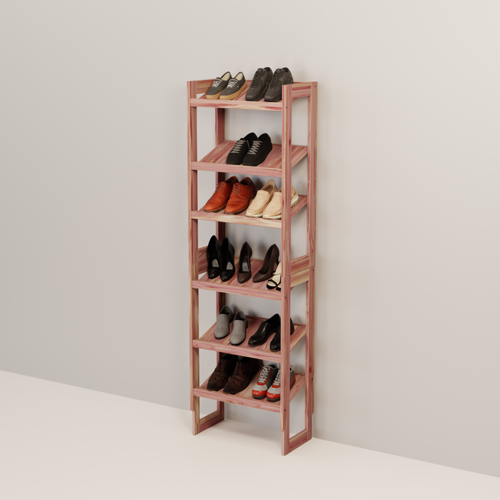 A free-standing aromatic red cedar shoe cubby with multiple shelves, flat-packed and ready for assembly.