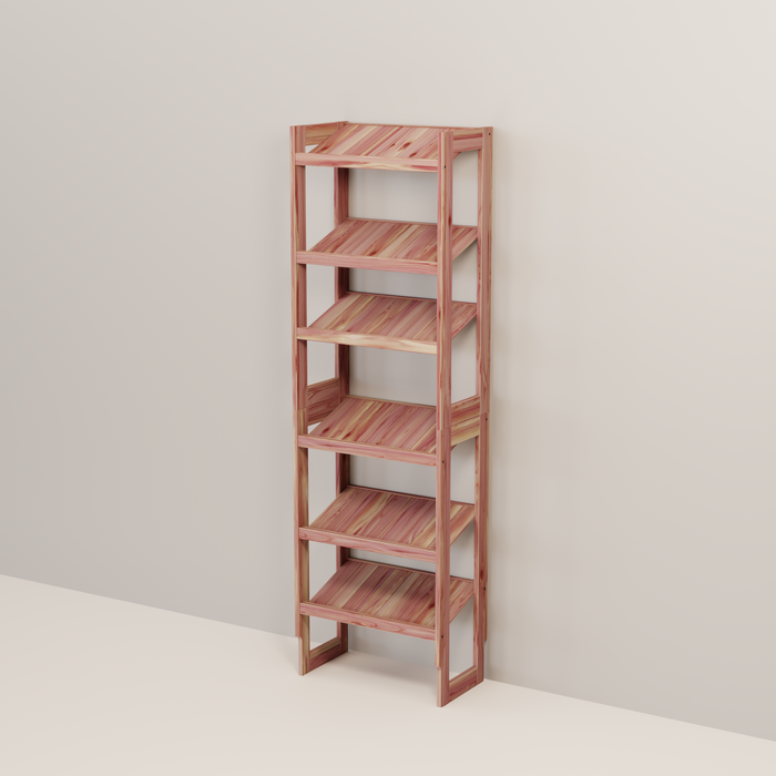 A free-standing aromatic red cedar shoe cubby with multiple shelves, flat-packed and ready for assembly.