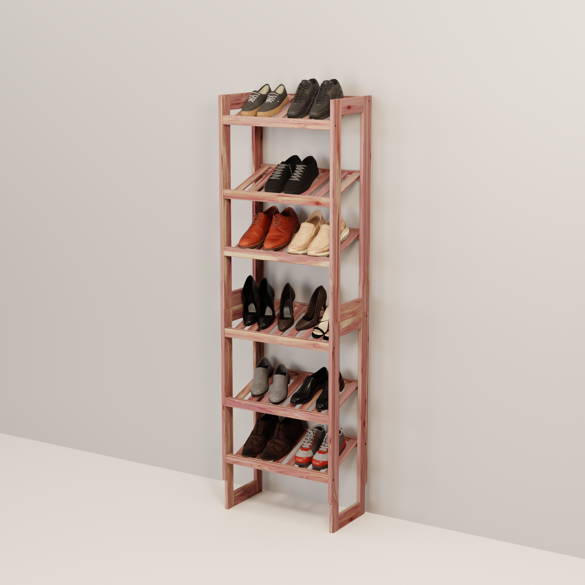 A free-standing aromatic red cedar shoe cubby with multiple vented shelves, flat-packed and ready for assembly.