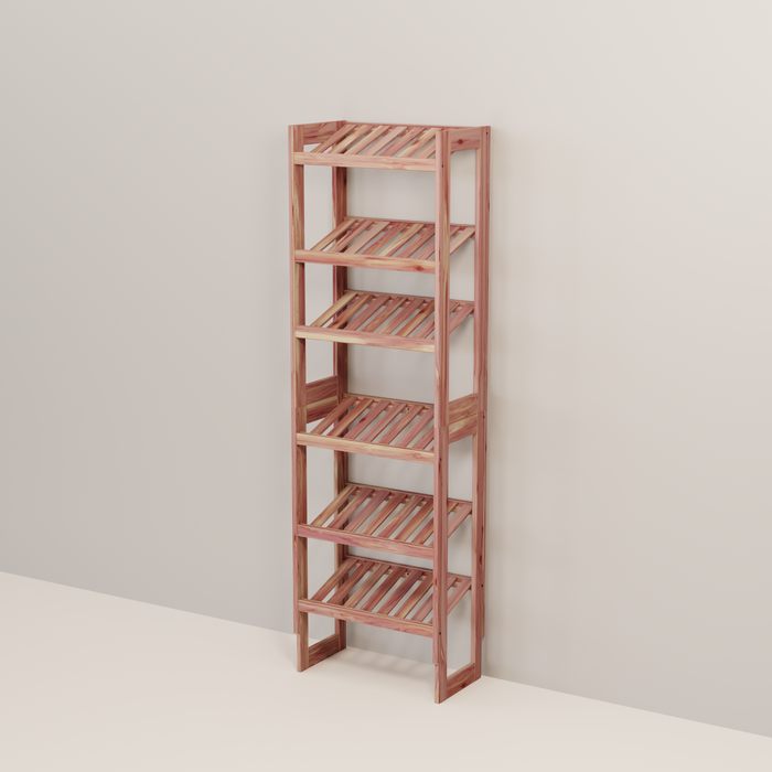 A free-standing aromatic red cedar shoe cubby with multiple vented shelves, flat-packed and ready for assembly.