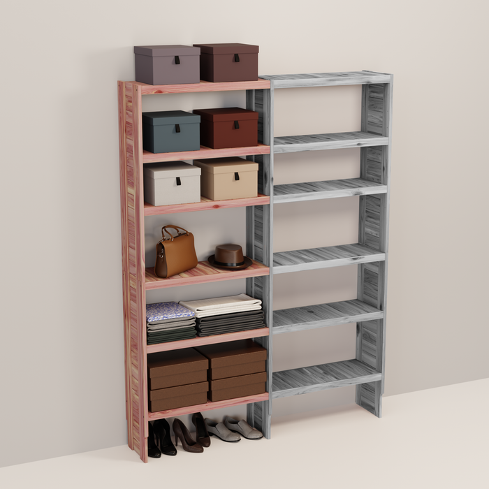 A wooden closet organizer add-on kit with multiple shelves, made from aromatic red cedar, with a natural finish.
