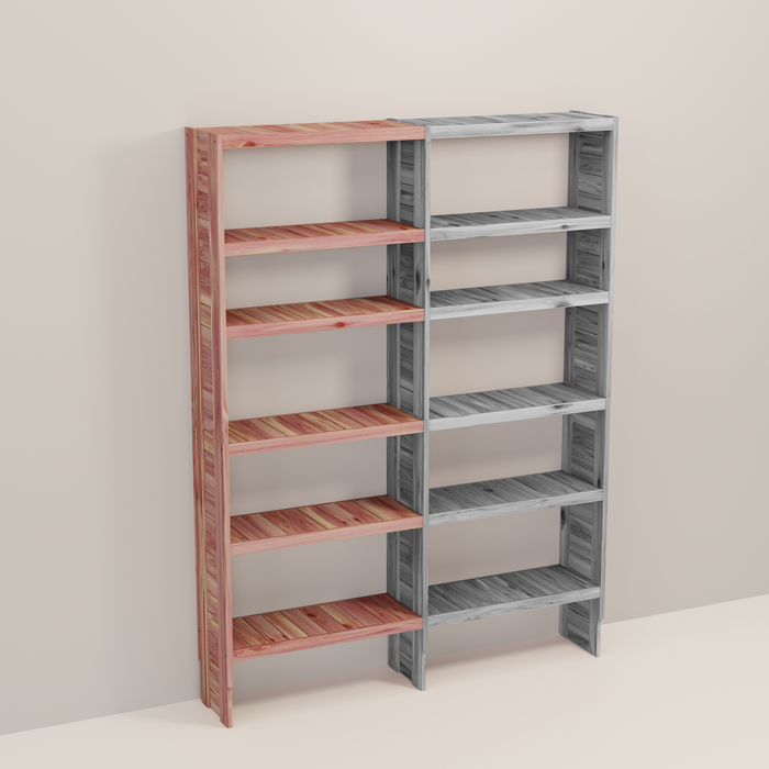 A wooden closet organizer add-on kit with multiple shelves, made from aromatic red cedar, with a natural finish.