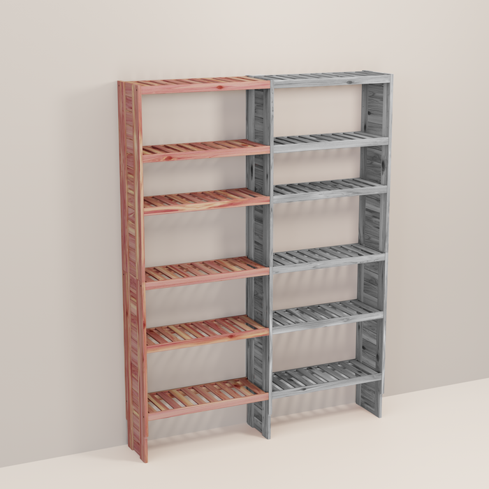 A wooden closet organizer add-on kit with multiple shelves, made from aromatic red cedar, with a natural finish.