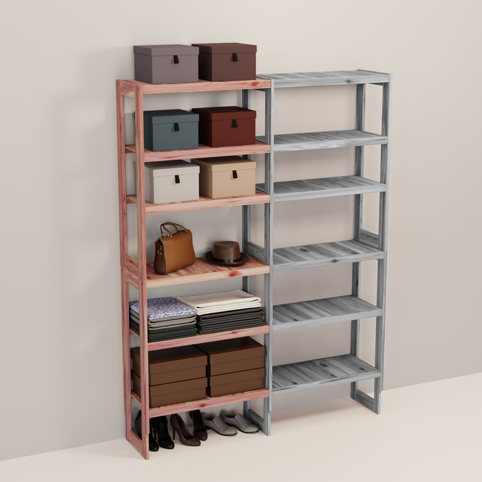 A wooden closet organizer add-on kit with multiple shelves, made from aromatic red cedar, with a natural finish.