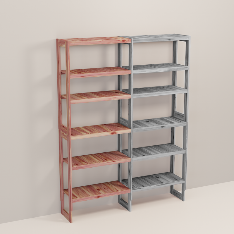 A wooden closet organizer add-on kit with multiple shelves, made from aromatic red cedar, with a natural finish.