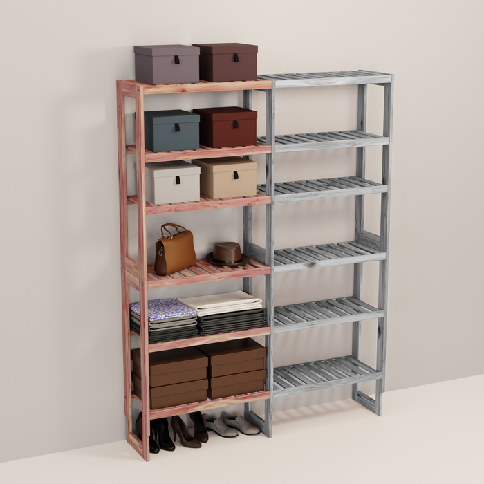 A wooden closet organizer add-on kit with multiple shelves, made from aromatic red cedar, with a natural finish.