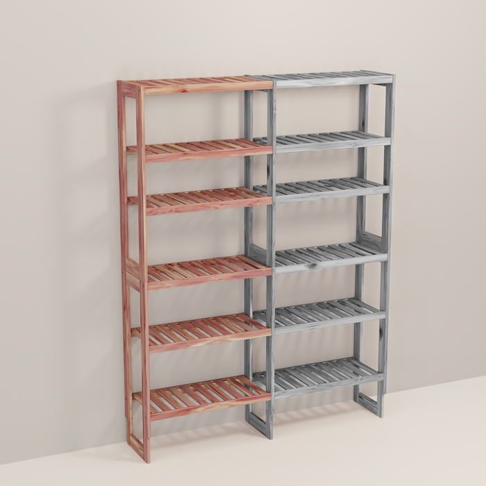 A wooden closet organizer add-on kit with multiple shelves, made from aromatic red cedar, with a natural finish.