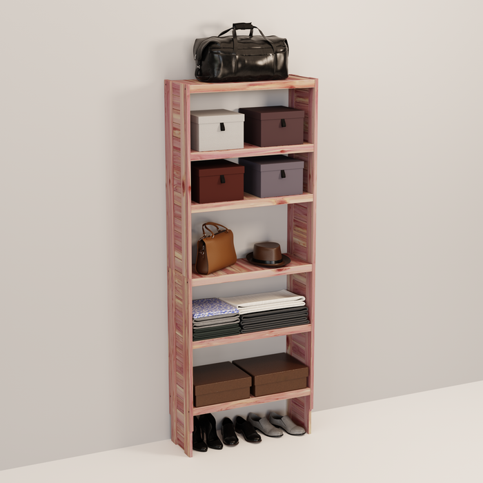 A tall wooden cedar cubby kit with multiple shelves, designed for closet organization.