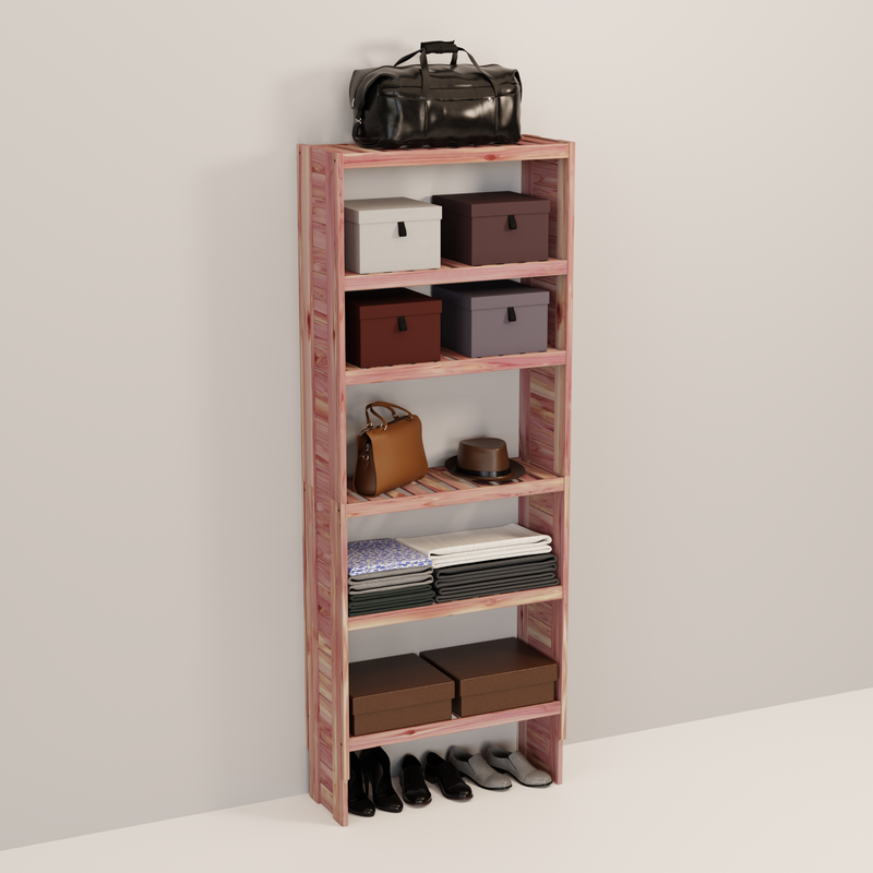 A tall wooden cedar cubby kit with multiple shelves, designed for closet organization.
