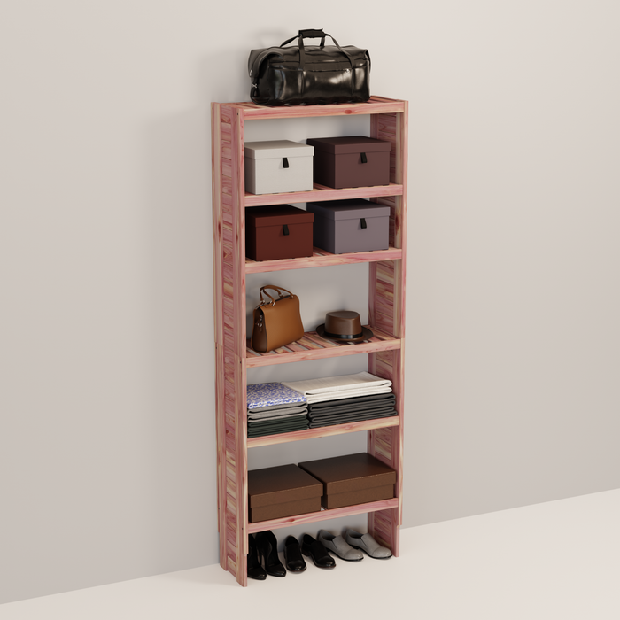 A tall wooden cedar cubby kit with multiple shelves, designed for closet organization.
