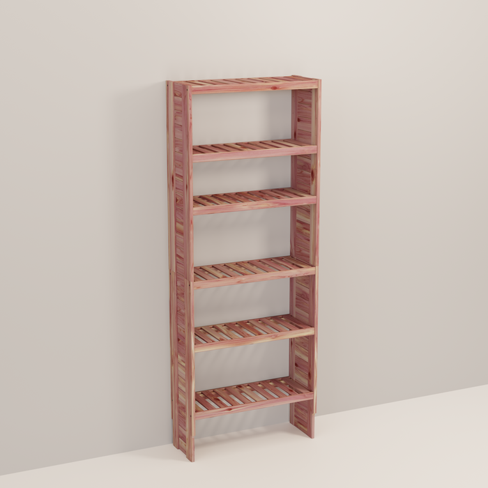 A tall wooden cedar cubby kit with multiple shelves, designed for closet organization.