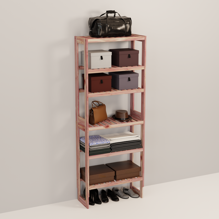 A tall wooden cedar cubby kit with multiple shelves, designed for closet organization.