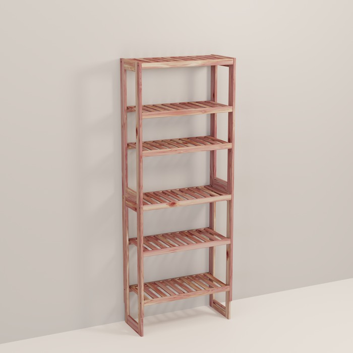 A tall wooden cedar cubby kit with multiple shelves, designed for closet organization.