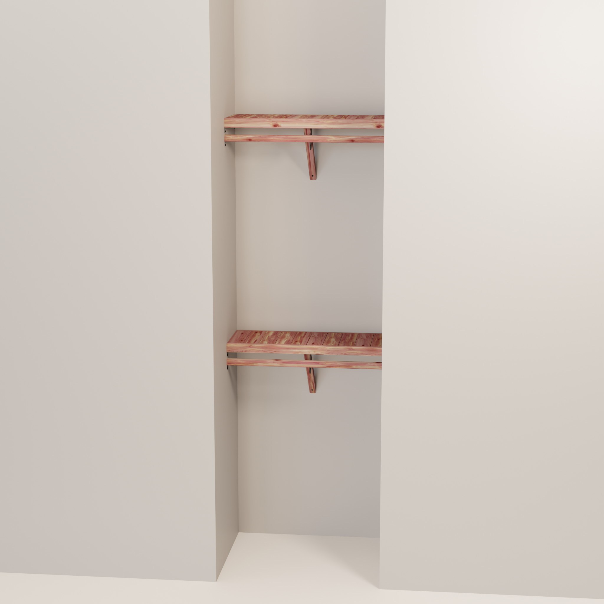 Organized closet featuring a double hanging kit with red cedar shelves, hanging rods, and J-hooks.