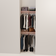 Organized closet featuring a double hanging kit with red cedar shelves, hanging rods, and J-hooks.