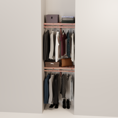 Organized closet featuring a double hanging kit with red cedar shelves, hanging rods, and J-hooks.
