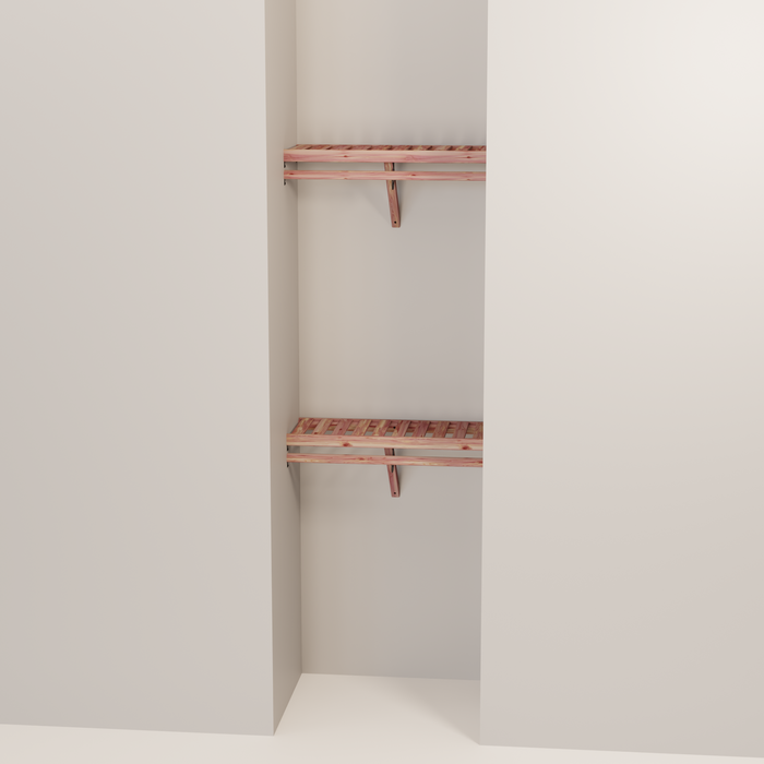 Organized closet featuring a double hanging kit with red cedar shelves, hanging rods, and J-hooks.