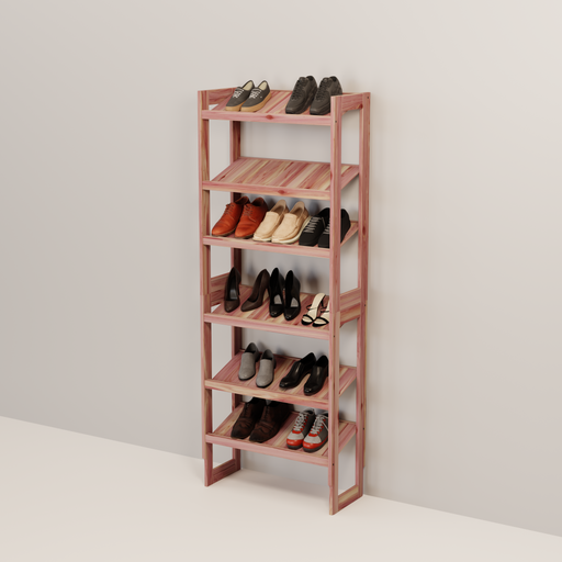 A free-standing aromatic red cedar shoe cubby with multiple shelves, flat-packed and ready for assembly.