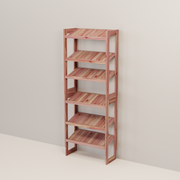 A free-standing aromatic red cedar shoe cubby with multiple shelves, flat-packed and ready for assembly.