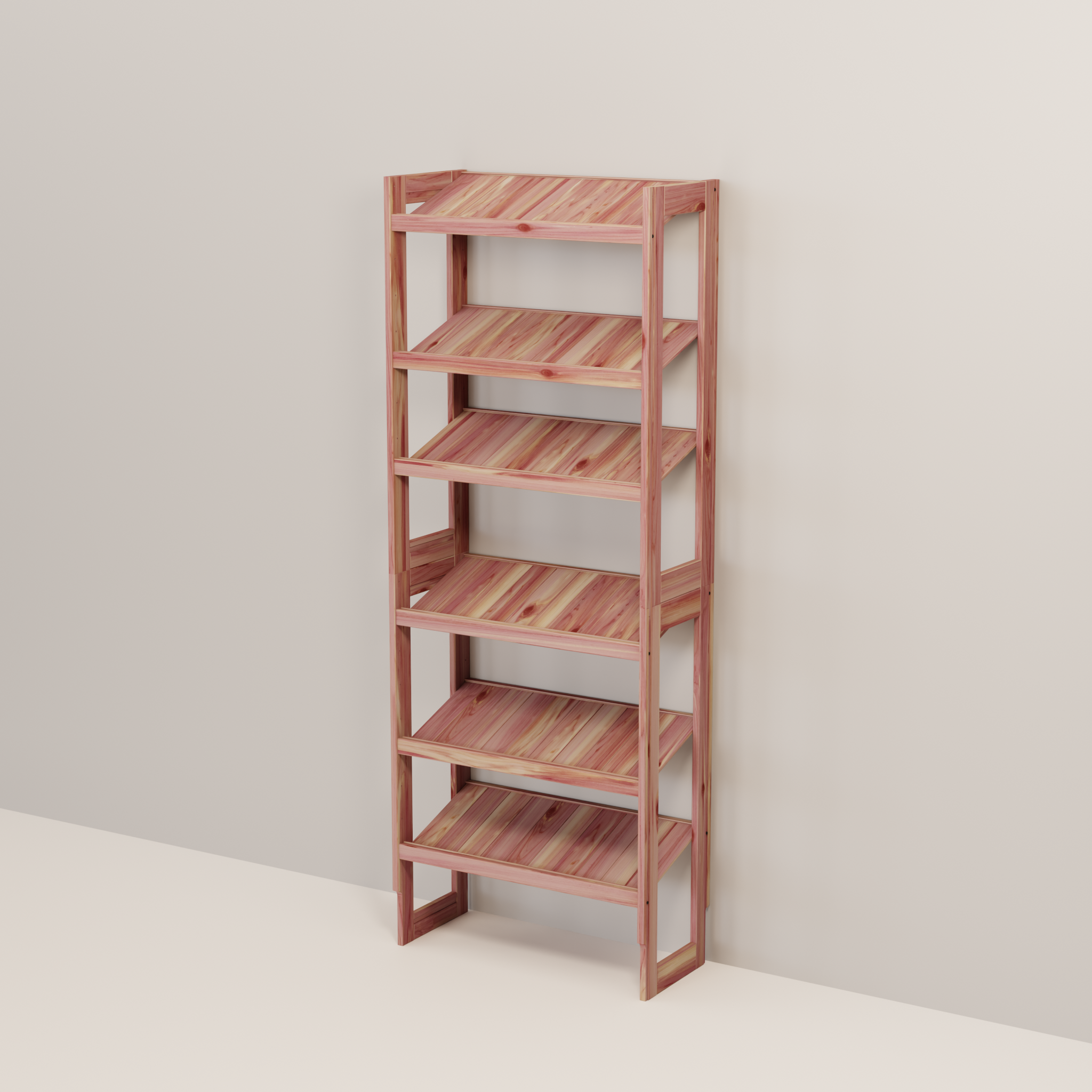 A free-standing aromatic red cedar shoe cubby with multiple shelves, flat-packed and ready for assembly.