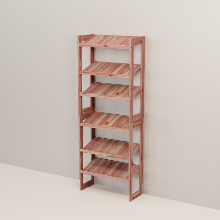 A free-standing aromatic red cedar shoe cubby with multiple shelves, flat-packed and ready for assembly.