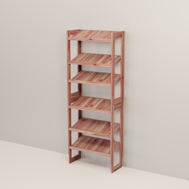 A free-standing aromatic red cedar shoe cubby with multiple shelves, flat-packed and ready for assembly.