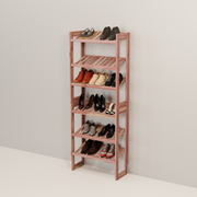 A free-standing aromatic red cedar shoe cubby with multiple vented shelves, flat-packed and ready for assembly.