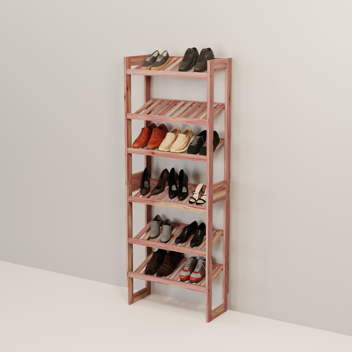 A free-standing aromatic red cedar shoe cubby with multiple vented shelves, flat-packed and ready for assembly.