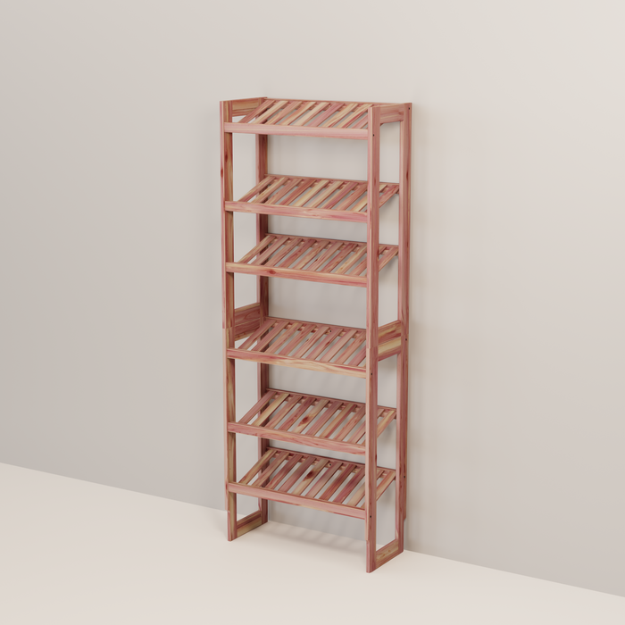 A free-standing aromatic red cedar shoe cubby with multiple vented shelves, flat-packed and ready for assembly.