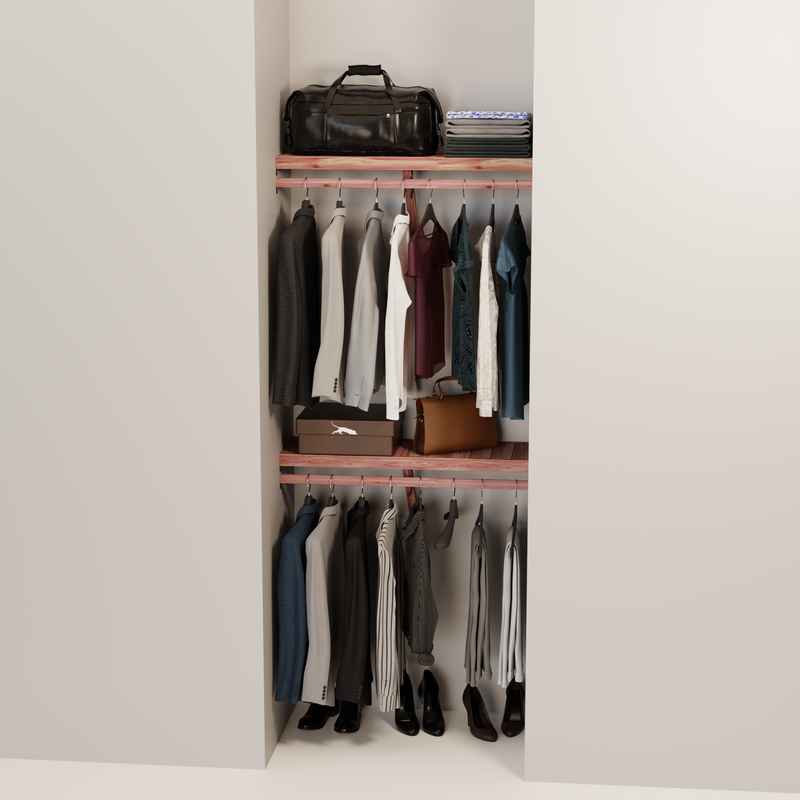 Organized closet featuring a double hanging kit with red cedar shelves, hanging rods, and J-hooks.
