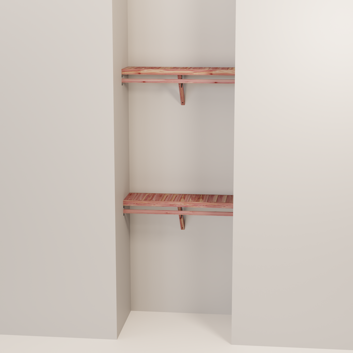 Organized closet featuring a double hanging kit with red cedar shelves, hanging rods, and J-hooks.