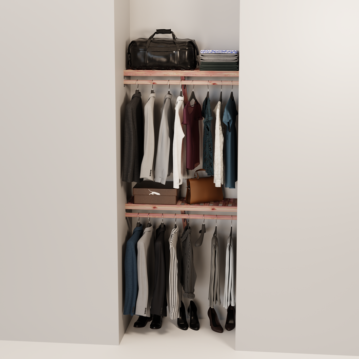 Organized closet featuring a double hanging kit with red cedar shelves, hanging rods, and J-hooks.