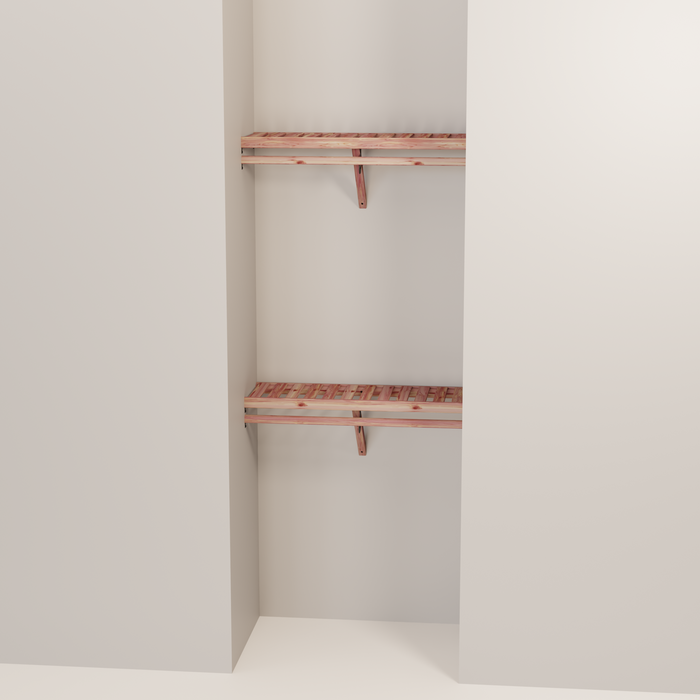 Organized closet featuring a double hanging kit with red cedar shelves, hanging rods, and J-hooks.