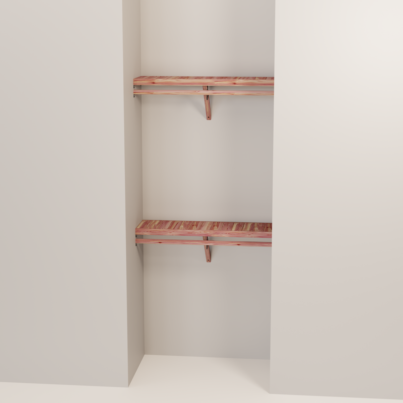 Organized closet featuring a double hanging kit with red cedar shelves, hanging rods, and J-hooks.
