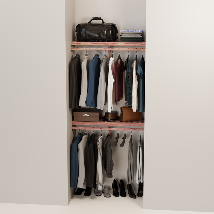 Organized closet featuring a double hanging kit with red cedar shelves, hanging rods, and J-hooks.