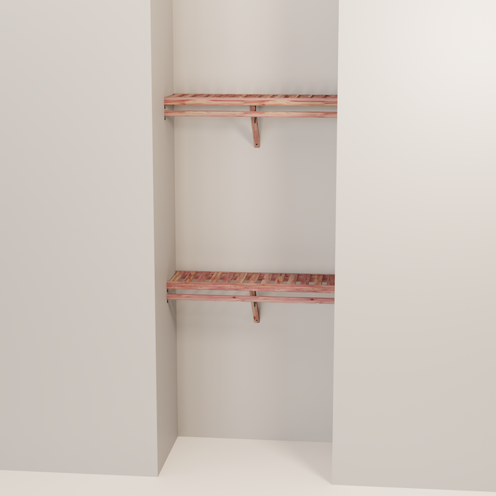 Organized closet featuring a double hanging kit with red cedar shelves, hanging rods, and J-hooks.