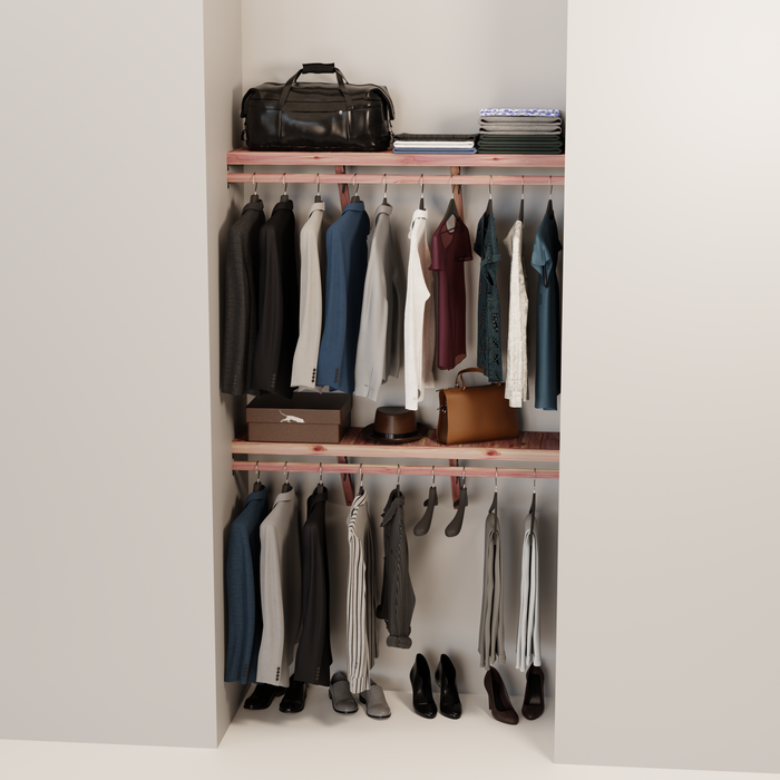 Organized closet featuring a double hanging kit with red cedar shelves, hanging rods, and J-hooks.