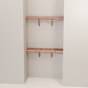 Organized closet featuring a double hanging kit with red cedar shelves, hanging rods, and J-hooks.