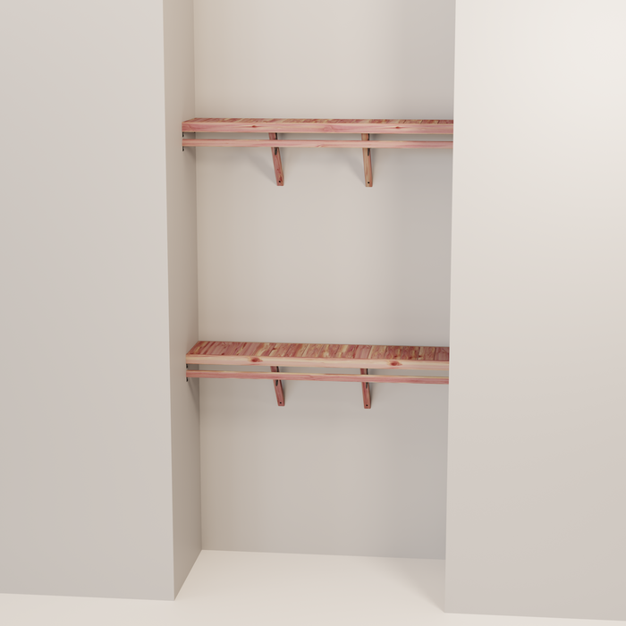 Organized closet featuring a double hanging kit with red cedar shelves, hanging rods, and J-hooks.