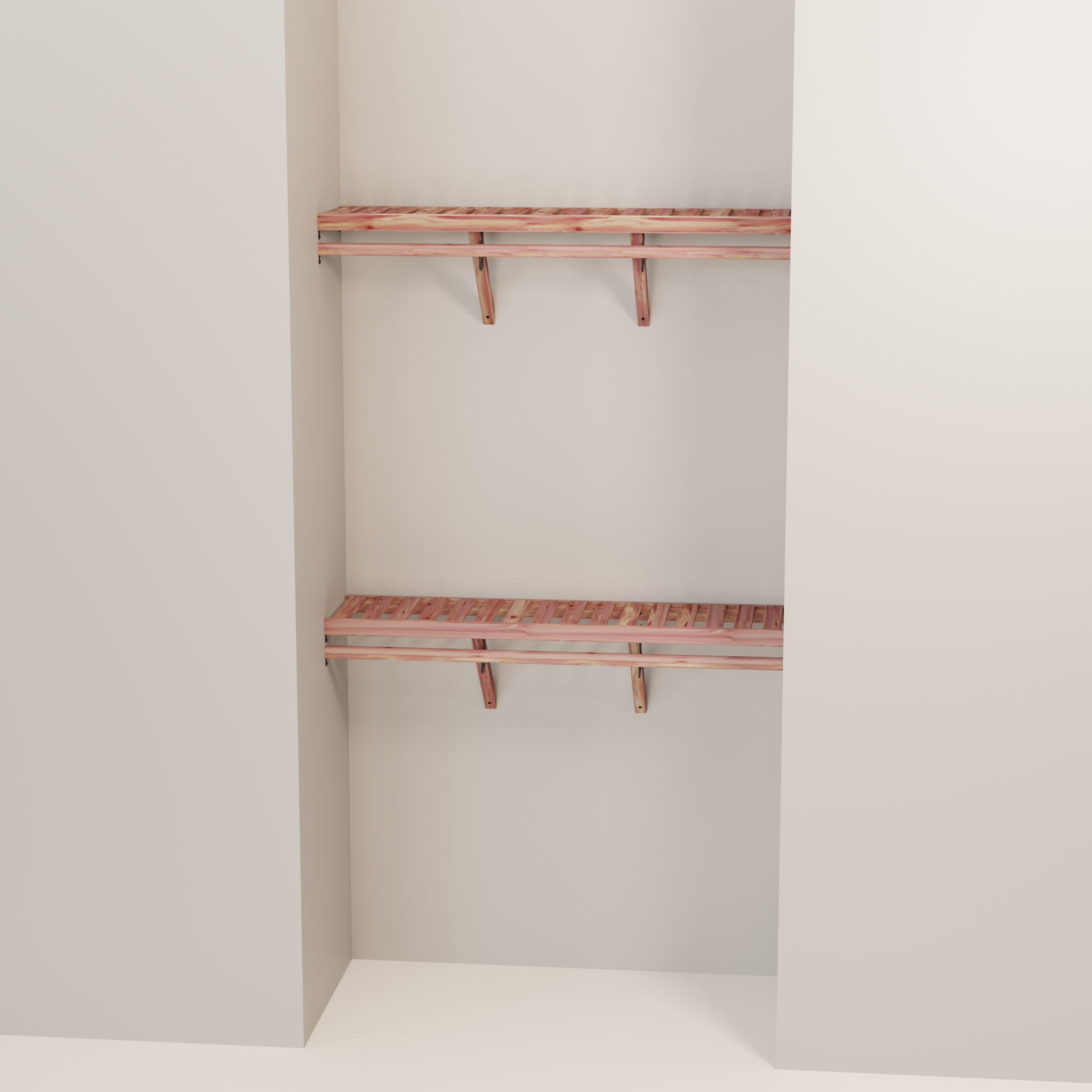 Organized closet featuring a double hanging kit with red cedar shelves, hanging rods, and J-hooks.