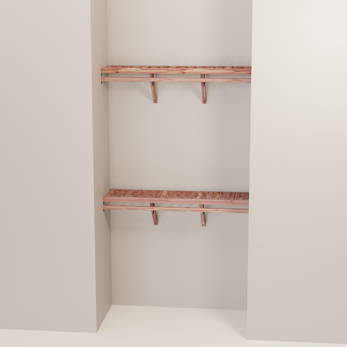 Organized closet featuring a double hanging kit with red cedar shelves, hanging rods, and J-hooks.