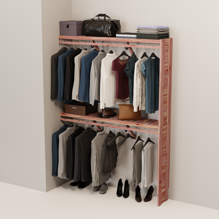 Organized closet featuring a double hanging kit with red cedar shelves, hanging rods, and J-hooks.
