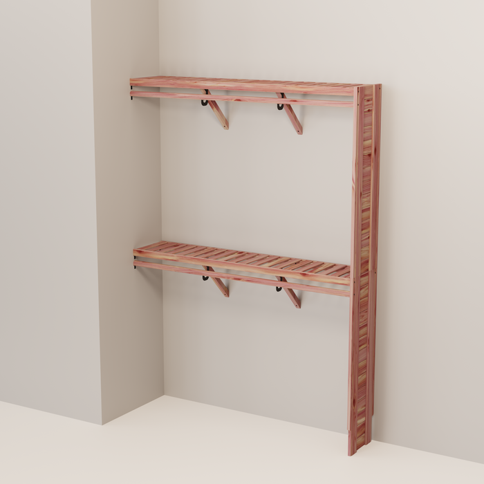 Organized closet featuring a double hanging kit with red cedar shelves, hanging rods, and J-hooks.