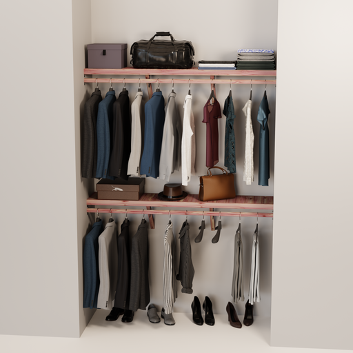 Organized closet featuring a double hanging kit with red cedar shelves, hanging rods, and J-hooks.