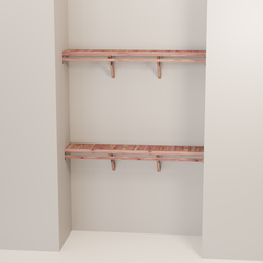 Organized closet featuring a double hanging kit with red cedar shelves, hanging rods, and J-hooks.