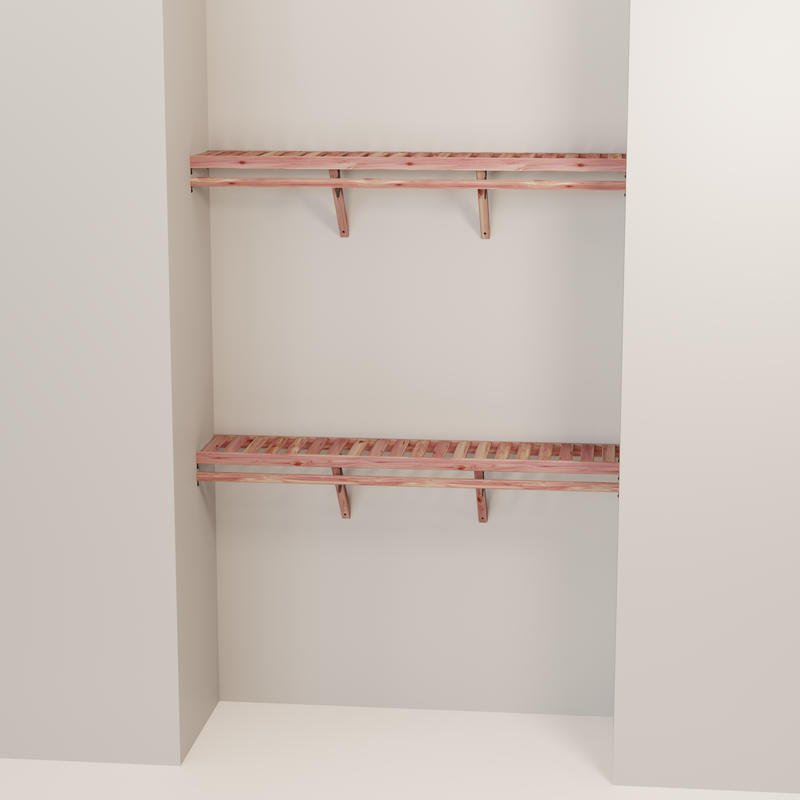 Organized closet featuring a double hanging kit with red cedar shelves, hanging rods, and J-hooks.